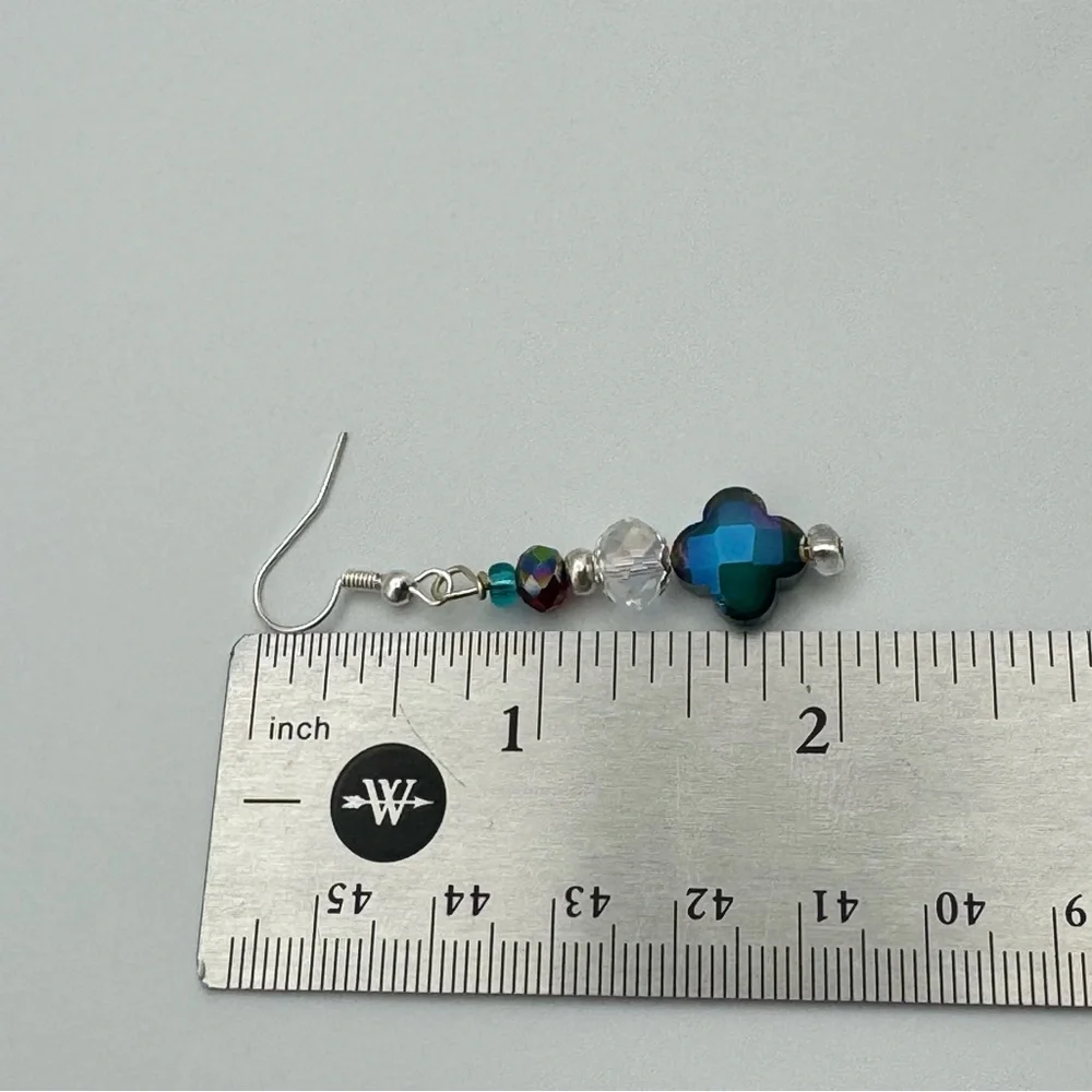 Artisan Made Multicolor Crystal Clover Dangle Earrings and Silver Plated Hooks
